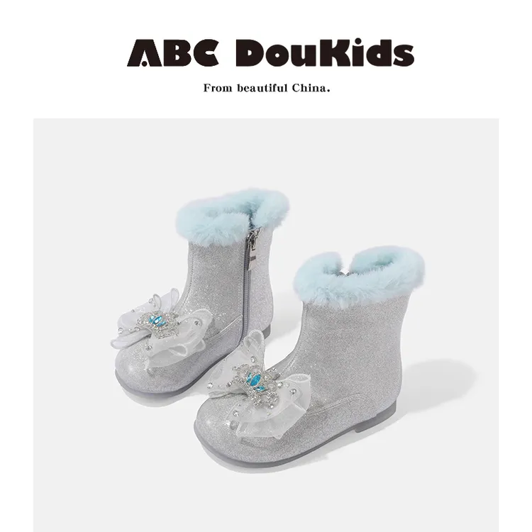 ABC Doukids女童皮靴2025秋冬新款韩版公主靴加绒保暖靴儿童短靴