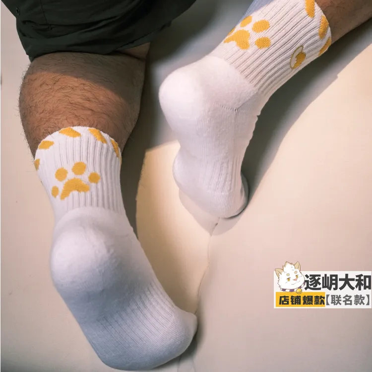 男士中筒袜子纯棉运动袜furry爪羽毛球运动男生学生可爱潮运动袜
