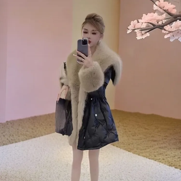 2024冬新款韩版时尚显瘦气质女大毛领棉服时尚收腰中长款外套保暖