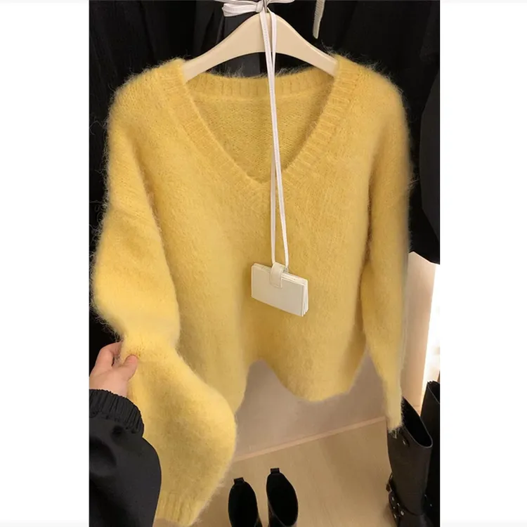 黄色软糯V领毛衣女秋冬穿搭冬季加厚宽松慵懒高级感韩系套头上衣