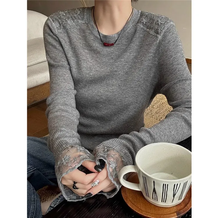 欧货高端圆领套头蕾丝拼接针织衫小众慵懒风打底衫休闲通勤上衣女