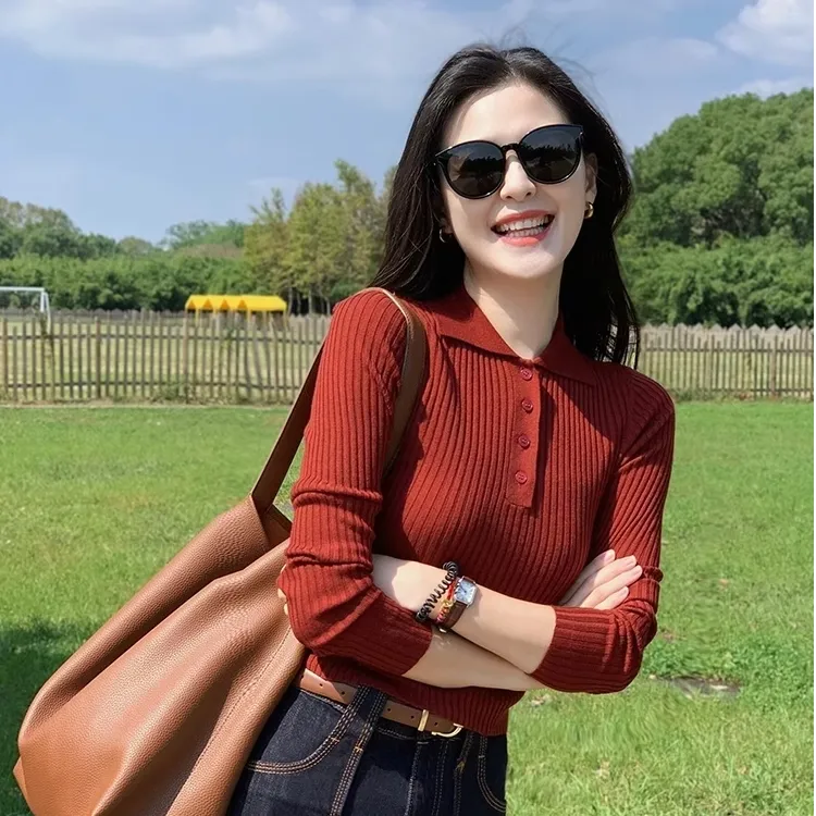 复古红色polo领长袖针织衫女秋冬可外穿高级感显瘦内搭打底衫上衣
