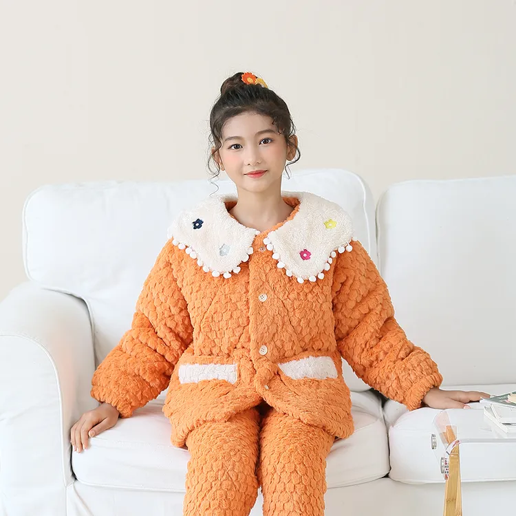 女童睡衣冬季加厚儿童家居服三层夹棉法兰绒珊瑚绒女孩中大童套装
