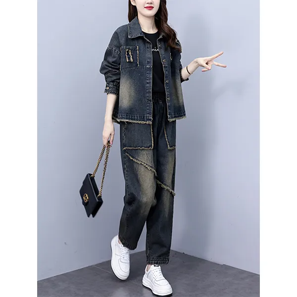 欧货时尚复古牛仔外套两件套初春秋新款洋气女士显瘦减龄宽松套装