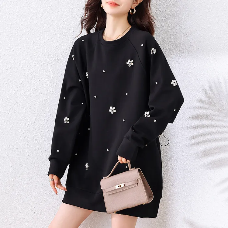 时尚气质钉钻收腰黑色卫衣女秋季新款大码宽松减龄休闲中长款上衣