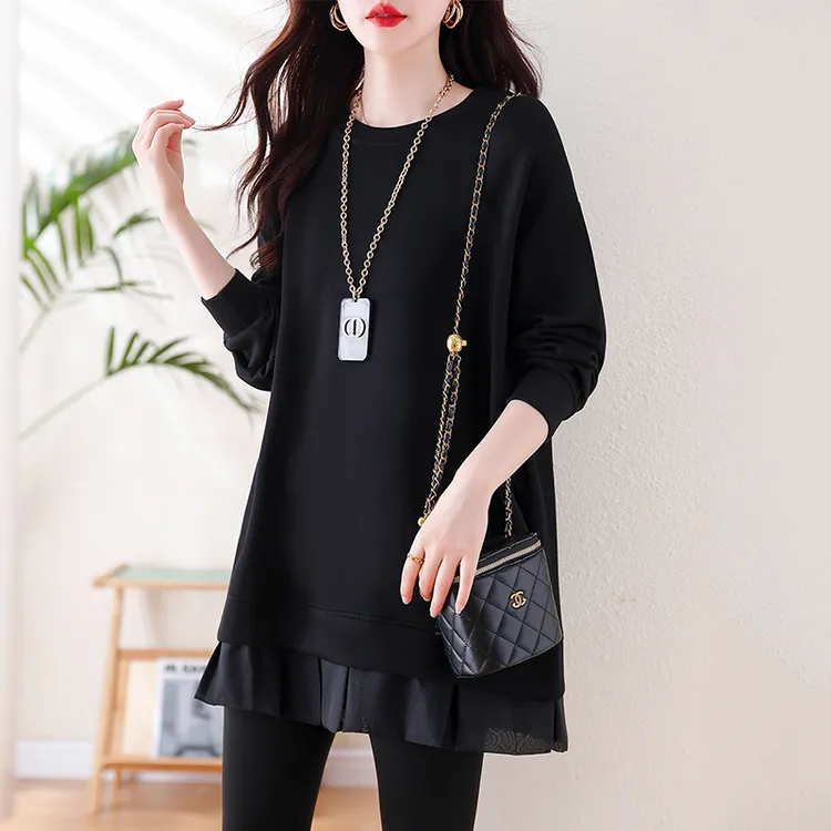 中长款圆领卫衣女春秋2025年新款时尚洋气宽松荷叶边内搭套头上衣