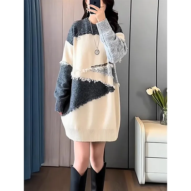 中长款慵懒毛衣女秋冬新款宽松大码重工拼色镶钻遮屁股打底针织衫