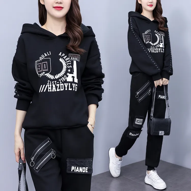 冬季加绒加厚时尚套装女大码宽松遮肚显瘦连帽卫衣休闲洋气两件套