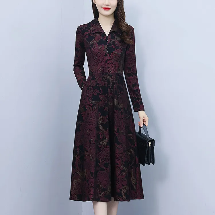 高贵夫人长袖印花连衣裙女秋冬高端气质显瘦减龄中年妈妈打底裙子