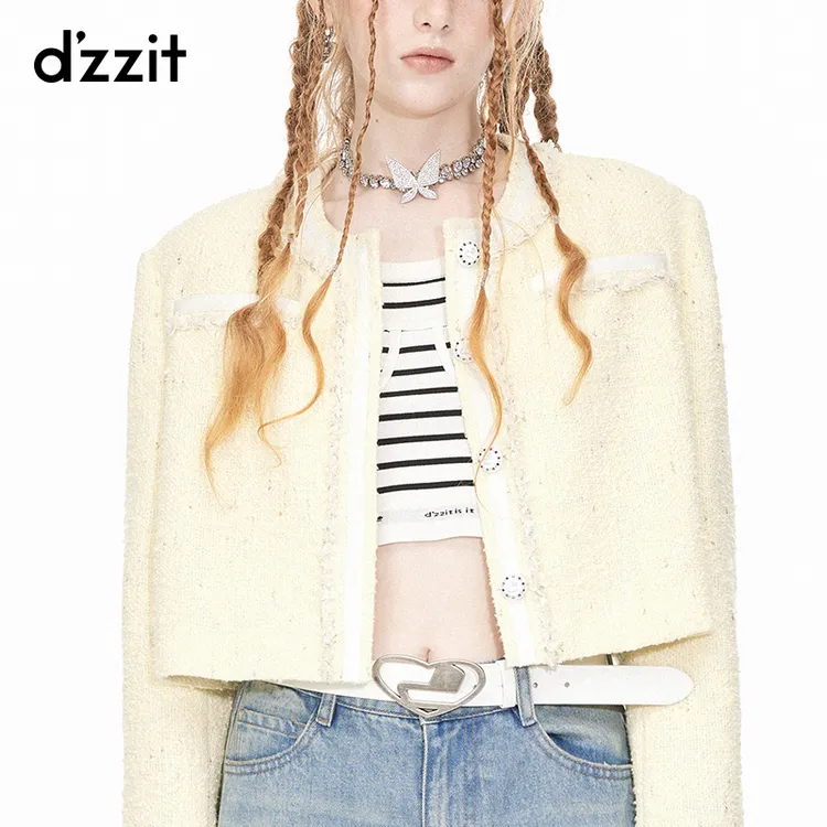 dzzit地素粗花呢短外套春秋小香风拼接撞色长袖外套女3I1F421