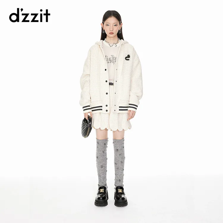 dzzit地素粗花呢棉服春秋小香风连帽宽松爱心外套女3I1H202