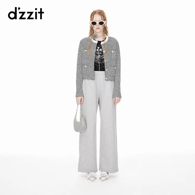 dzzit地素针织衫春秋千金小香风镶嵌设计圆领长袖上衣女3I1E514