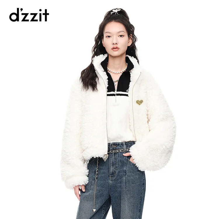【爆款返场】dzzit地素摩登白色复立领文艺仿羊羔毛外套女3E4G107