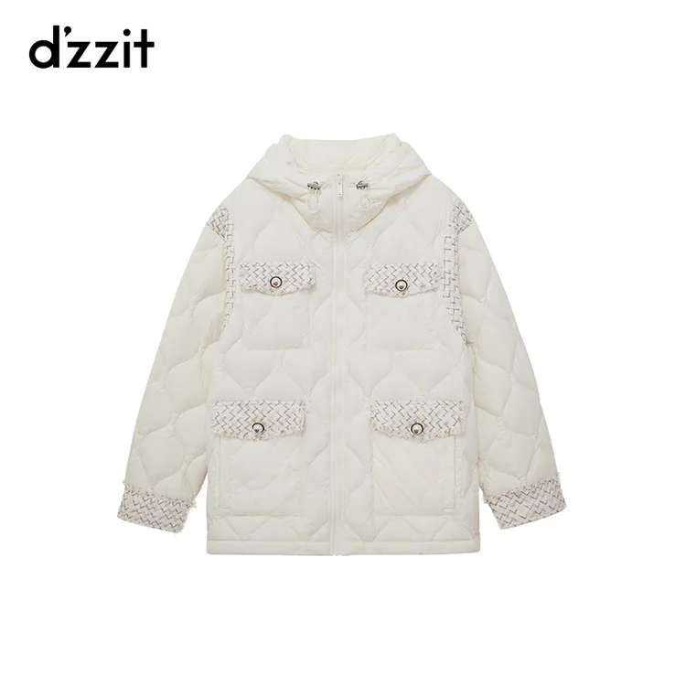 dzzit地素粗花呢拼接羽绒服冬季小香风连帽抽绳外套女3H4K347