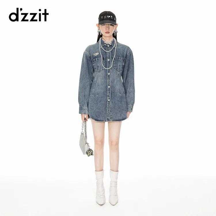 dzzit地素牛仔衬衫春秋爱心镂空修身收腰棉质上衣女3I1RC02