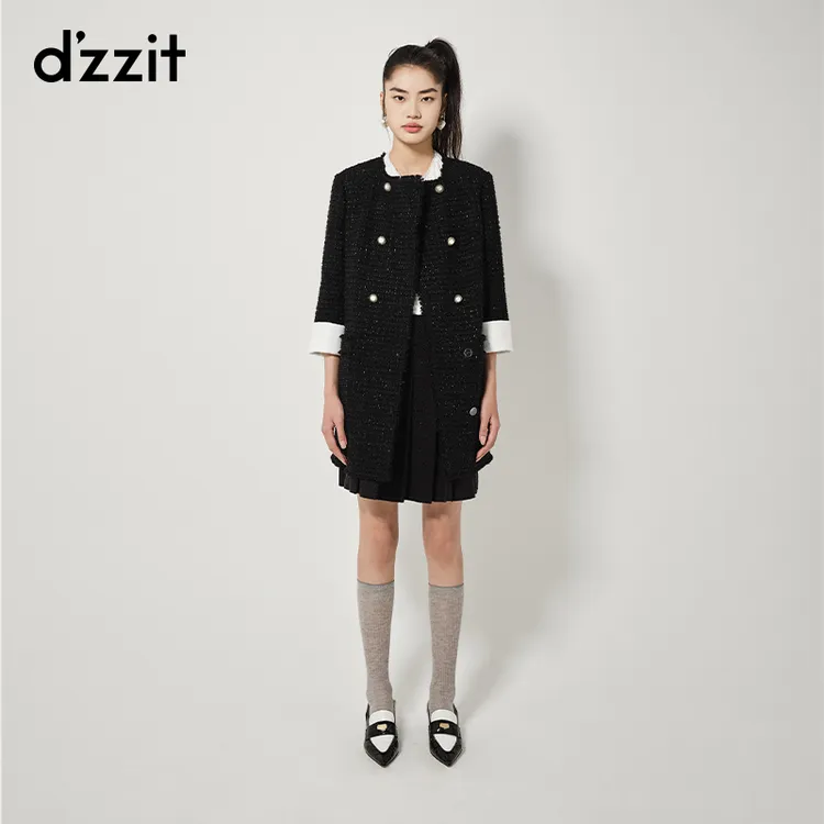 0120dzzit地素金葱粗花呢小香风圆领黑色短裙女3H3O6621A