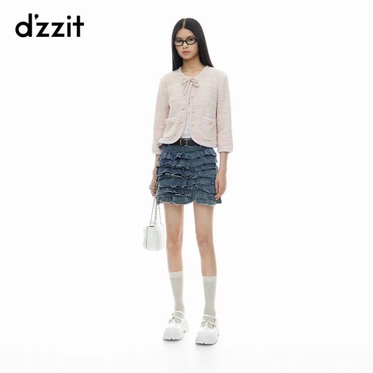 dzzit地素针织衫春秋小香风蝴蝶结胸针装饰七分袖开衫女3I3E511