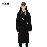 310【陈嘉尔专属】dzzit地素黑色连帽松紧收腰长袖卫衣连衣裙女3E4J