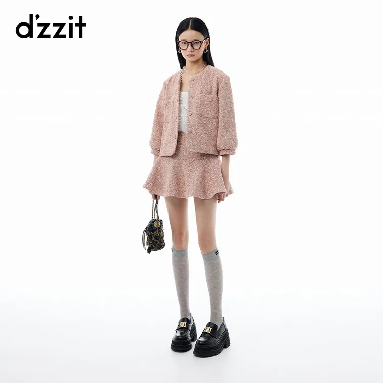 明星同款dzzit地素短外套春秋小香风粉红色七分袖外套女3I3F420