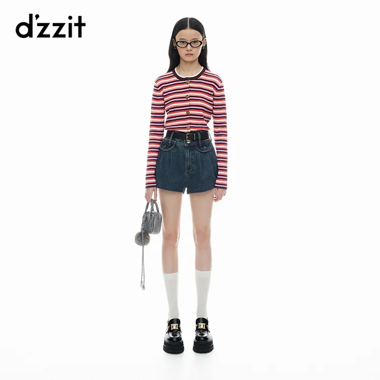 dzzit地素长袖针织衫春秋复古多巴胺彩条修身开衫上衣女3I3E504