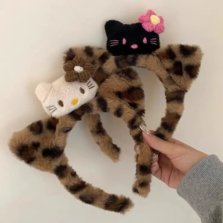 新款可爱卡通猫耳朵豹纹毛绒发箍女洗脸化妆头箍发饰发圈