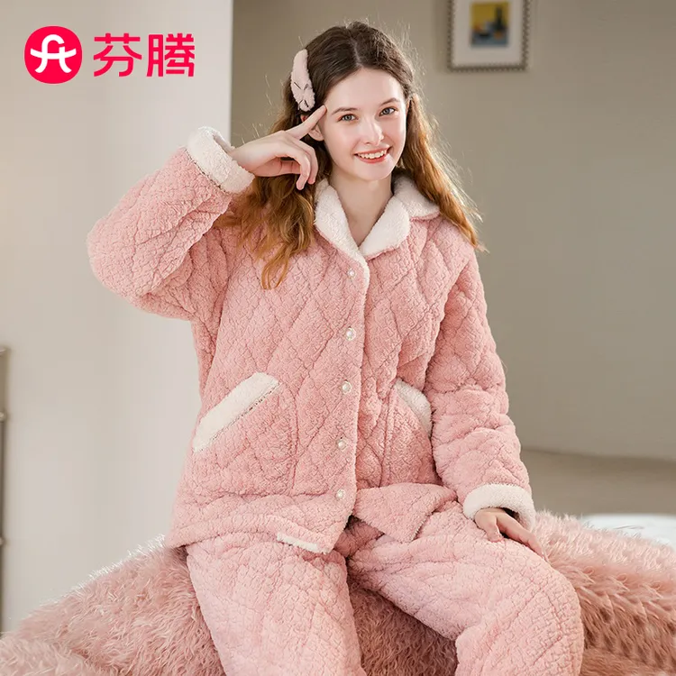 芬腾【法兰绒夹棉】加厚家居服翻领加厚加绒女士睡衣J98450907