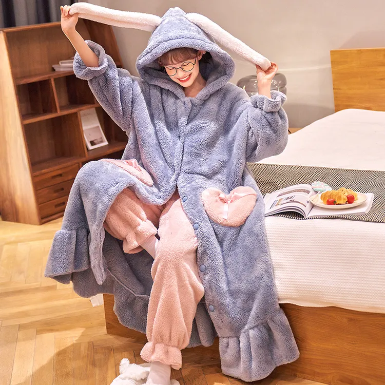 珊瑚绒睡衣女秋冬季可爱加绒加厚浴袍睡袍长款法兰绒家居服套装