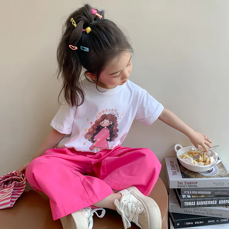 新款童装2024夏季女童休闲套装中小童宽松潮流卡通印花T恤衫长裤