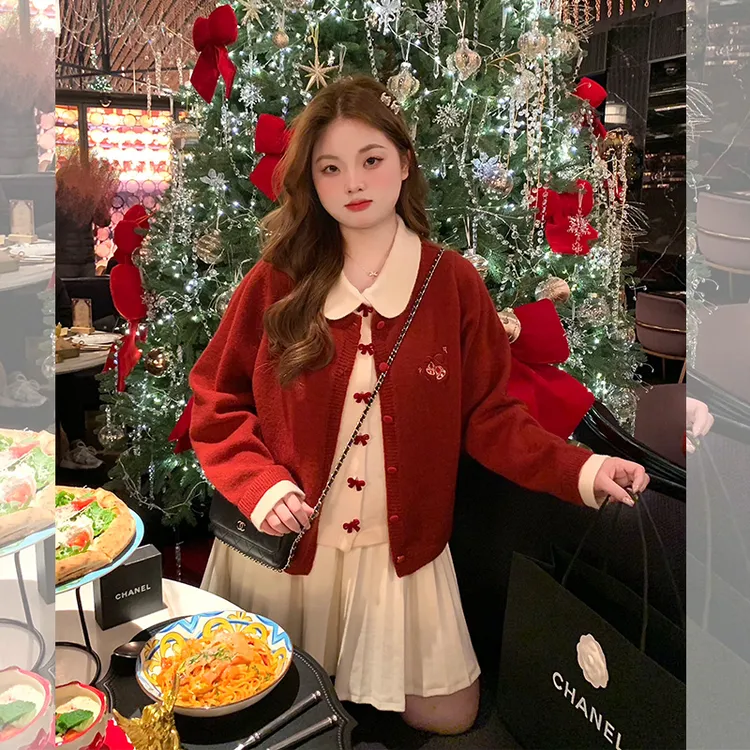 【LTSTUDIO辣条大码】蝴蝶结显白红色假两件圣诞毛衣半裙上衣套装