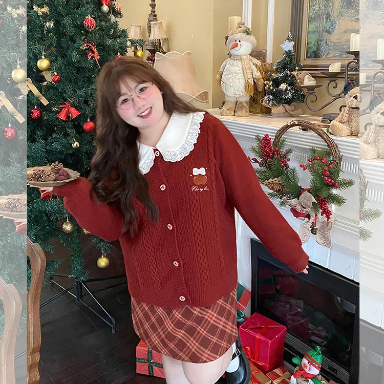 LT STUDIO辣条大码女装 樱桃少女 红色毛衣女格纹毛呢半身裙