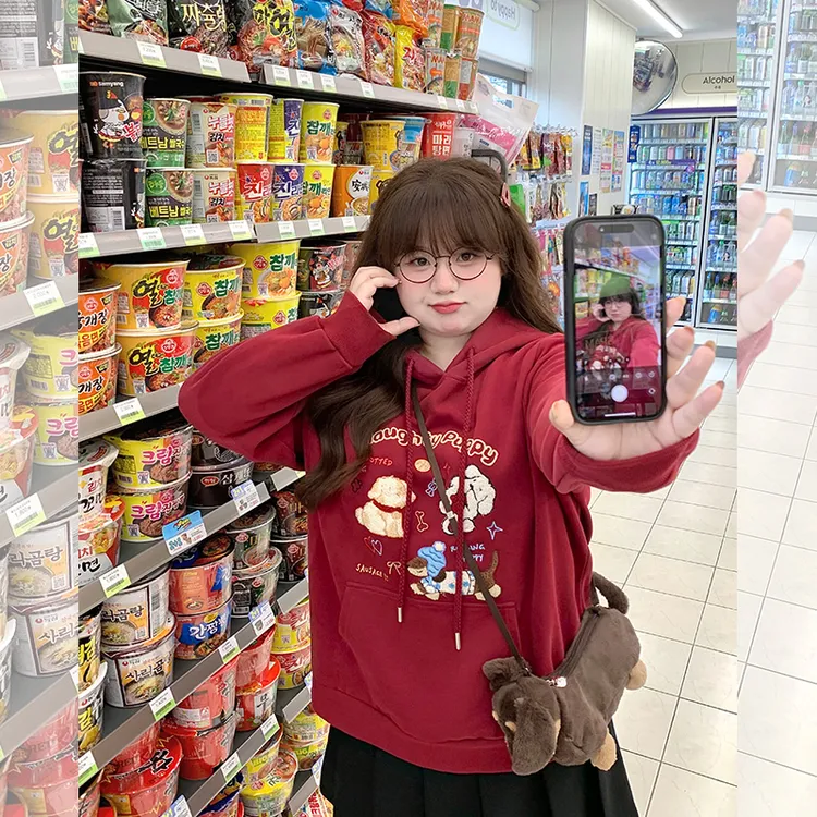 【 LT STUDIO辣条大码】趣味小狗毛巾绣显瘦遮肉秋款连帽卫衣-0482