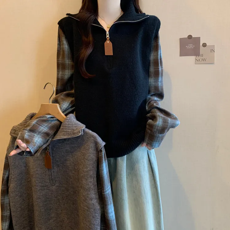 胖妹妹假两件休闲格子拼接针织衫女2024新款翻领拉链套头毛衣