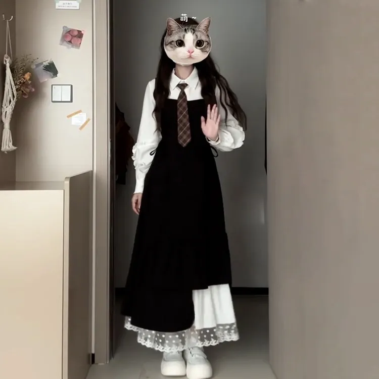 2024秋冬新款三件套黑色吊带裙学院风衬衣韩系半身裙穿搭叠穿套装