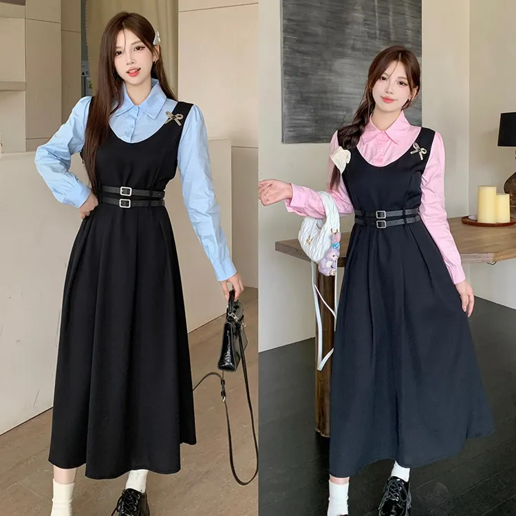 大码女装胖假两件拼接绑带连衣裙初秋宽松显瘦休闲长裙