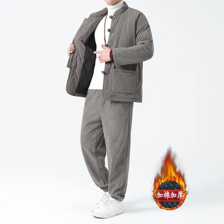 冬季新款中国风加棉加厚棉袄套装复古唐装棉衣保暖休闲裤两件套男