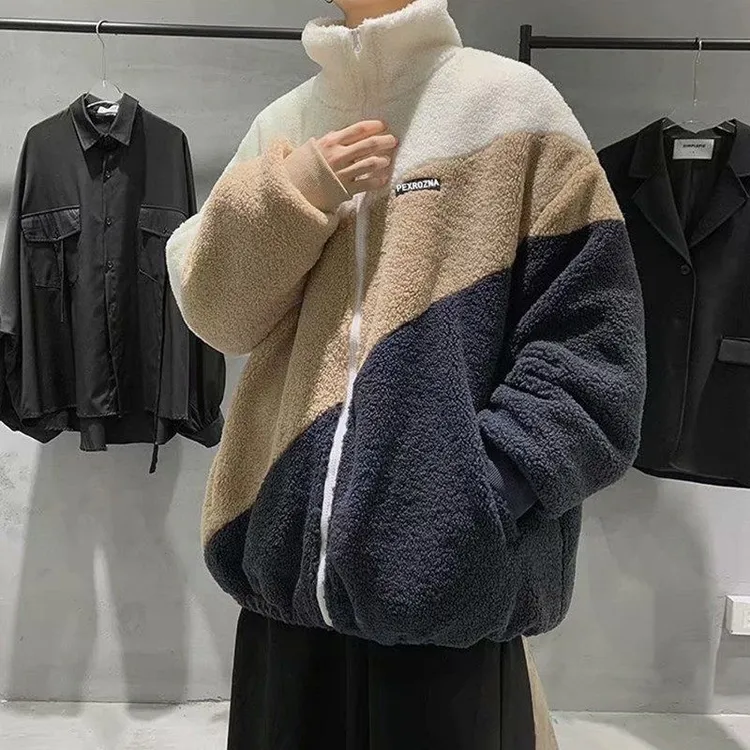 冬季暖男棉服拼色立领棉衣宽松潮流羊羔绒加厚外套