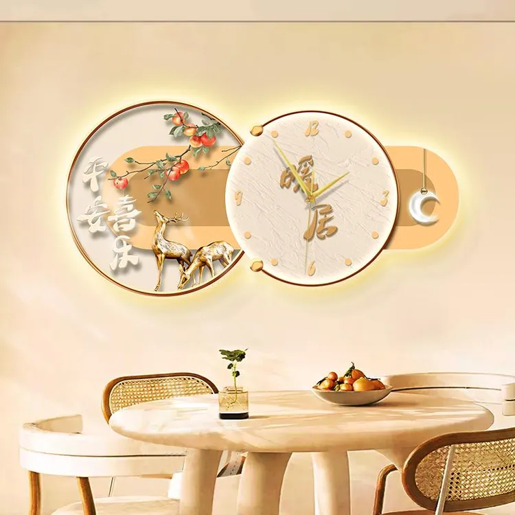 暖居餐厅装饰画带钟表寓意好客厅挂钟家用静音时钟挂画饭厅墙壁画