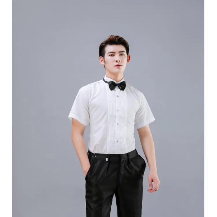 梧桐尚男士演出短袖衬衫套装合唱服白色短袖男领结衬衣黑西裤衬衫