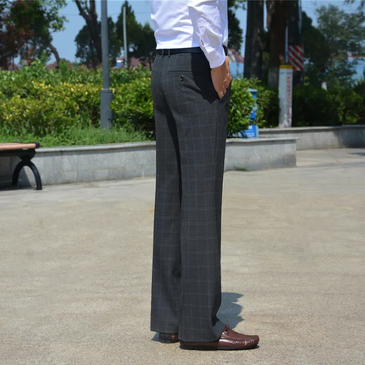 秋冬格纹修身喇叭裤男垂感抗皱微喇叭休闲裤弹力阔腿裤格子长裤男