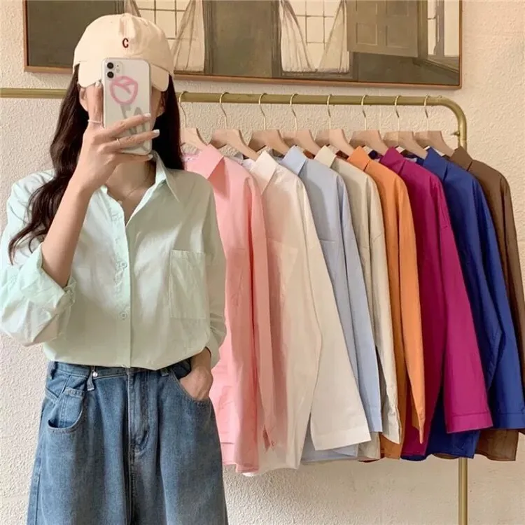 蓝色衬衫女长袖春秋韩版休闲设计感衬衣薄款纯色时尚气质外穿上衣
