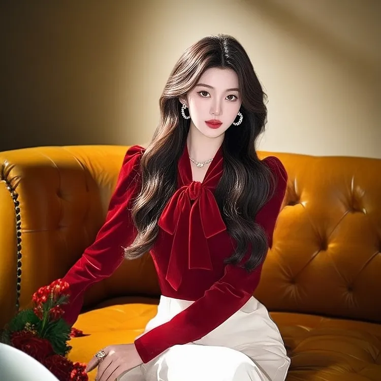 安哥拉红金丝绒打底衫女长袖秋冬小香风衬衫设计感蝴蝶结叠穿上衣