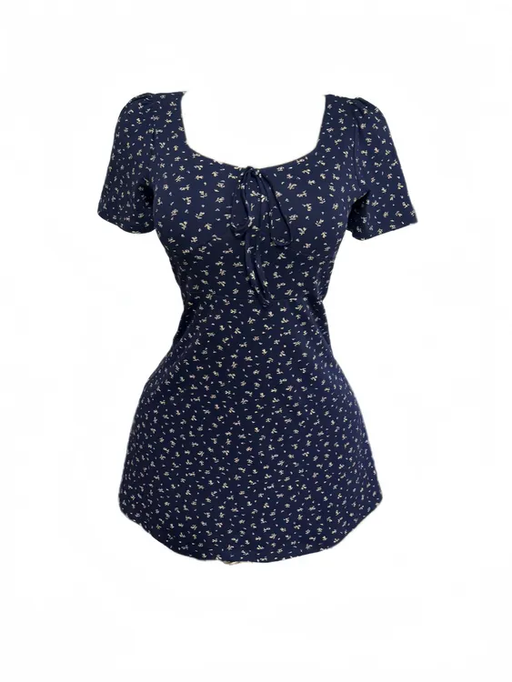 微胖mm法式复古蓝色绑带碎花方领连衣裙夏季收腰遮肚显瘦a字短裙