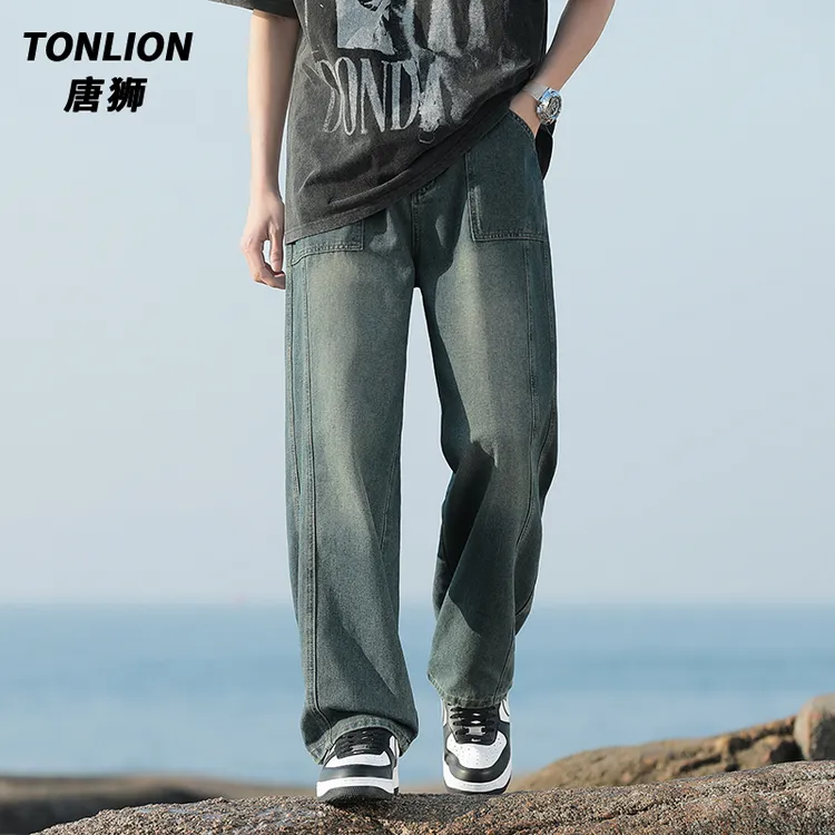 tonlion/唐狮美式复古牛仔裤男款夏季重水洗做旧宽松直筒阔腿长裤