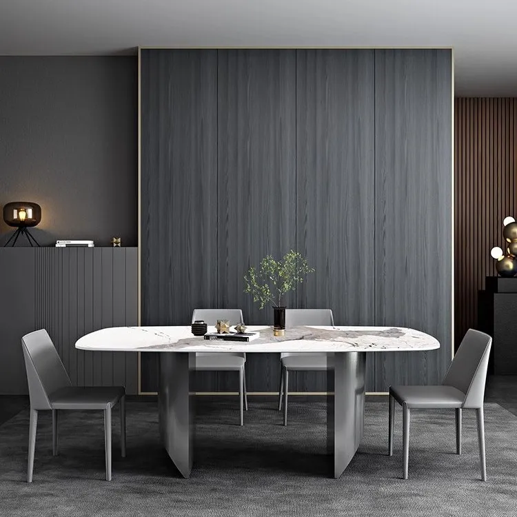 意式轻奢极简长方形奢石亮光岩板家用大理石小户型北欧设计师餐桌