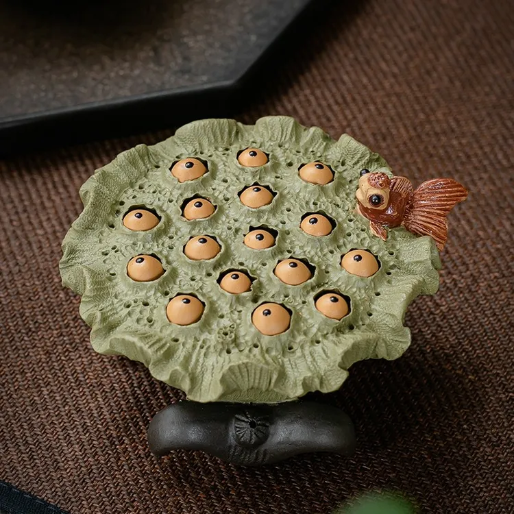 京峰阁茶具紫砂豆青泥金鱼莲子 国高工蒋菊芳全手工制作茶宠摆件