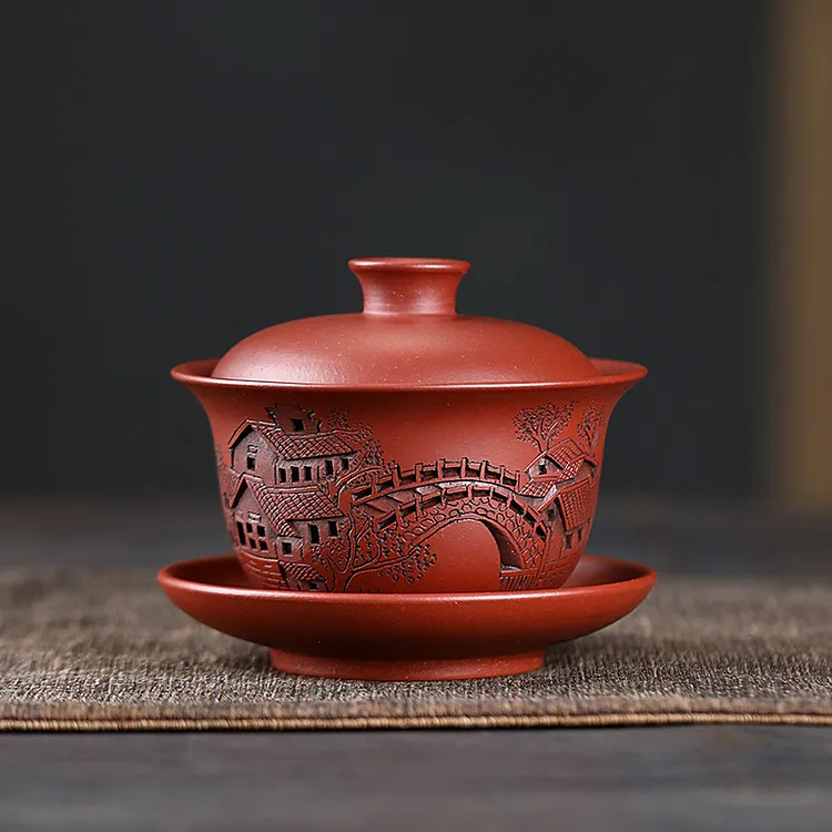 京峰阁宜兴紫砂大红袍忆江南三才盖碗纯手工泡茶碗茶盏功夫茶具