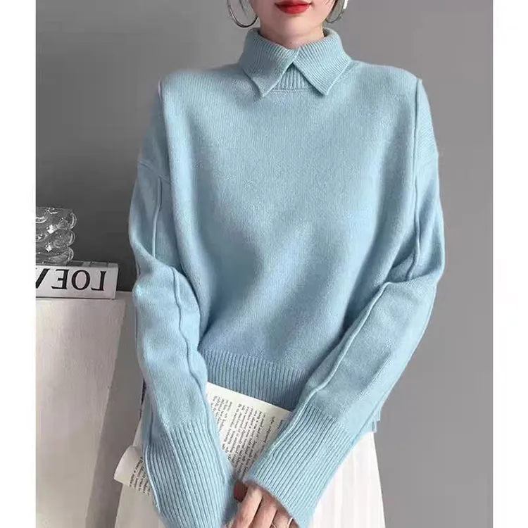 【羊绒羊毛】纯色羊绒打底衫女秋冬加厚翻领毛衣宽松内搭气质上衣