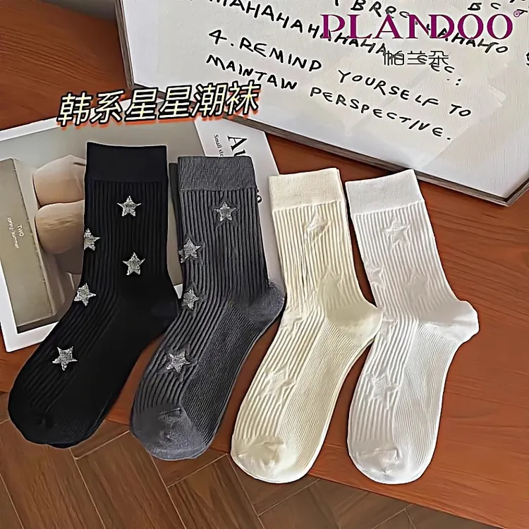 袜子女五角星个性春秋季中筒袜ins潮韩版搭配玛丽珍鞋秋冬堆堆袜