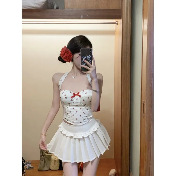 夏季独特别致鱼骨波点碎花挂脖紧身短款上衣美背辣妹小吊带背心女