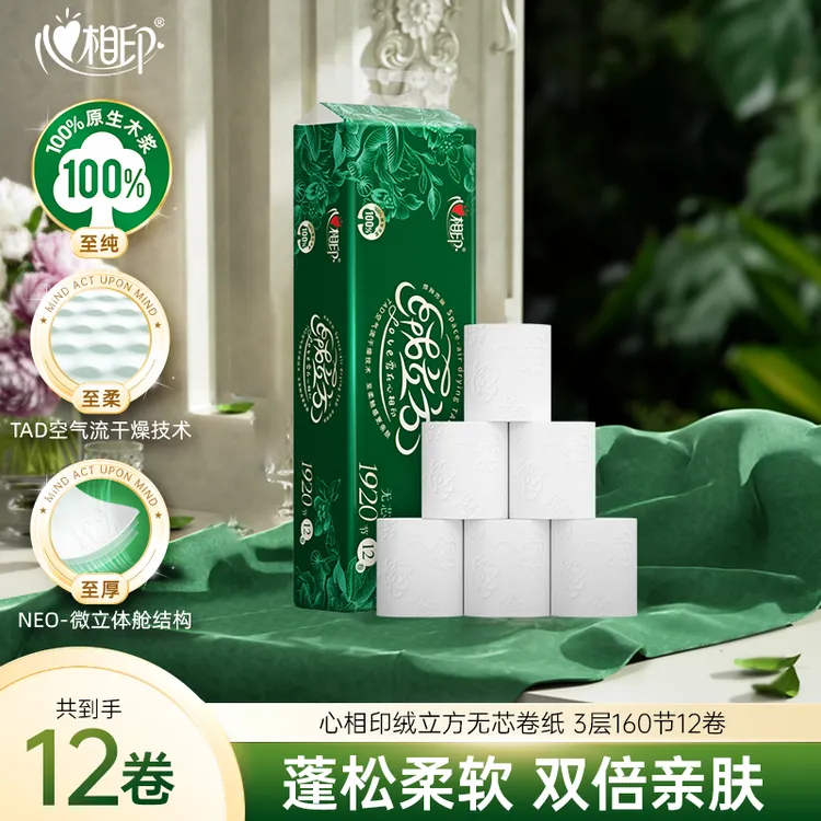 心相印无芯卷纸绒立方3层160节*12卷卫生纸巾餐巾纸提装柔厚C